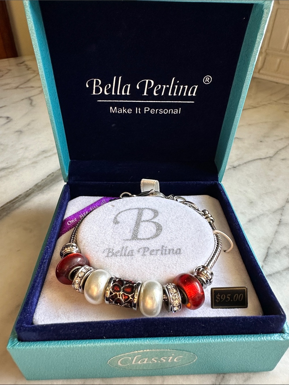bella Perlina Red and Silver Glass Bead Charm Bracelet